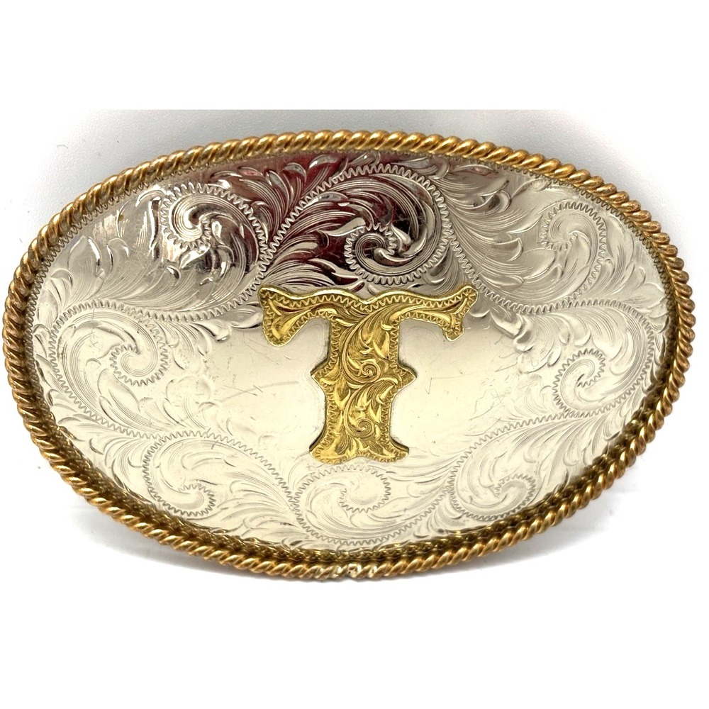 Montana Silversmiths Initial T Belt Buckle German Silver Note Engraved on Back